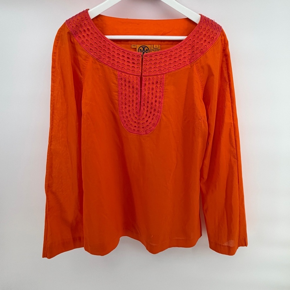 Tory Burch Orange and pink Long-Sleeve Tunic with Embroidered Yoke